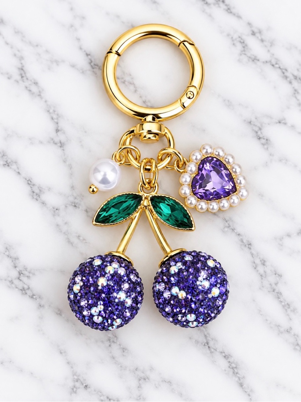 Bag Charm/Keyring-Purple Rhinestone Cherry With Heart Charm-Gold Hardware